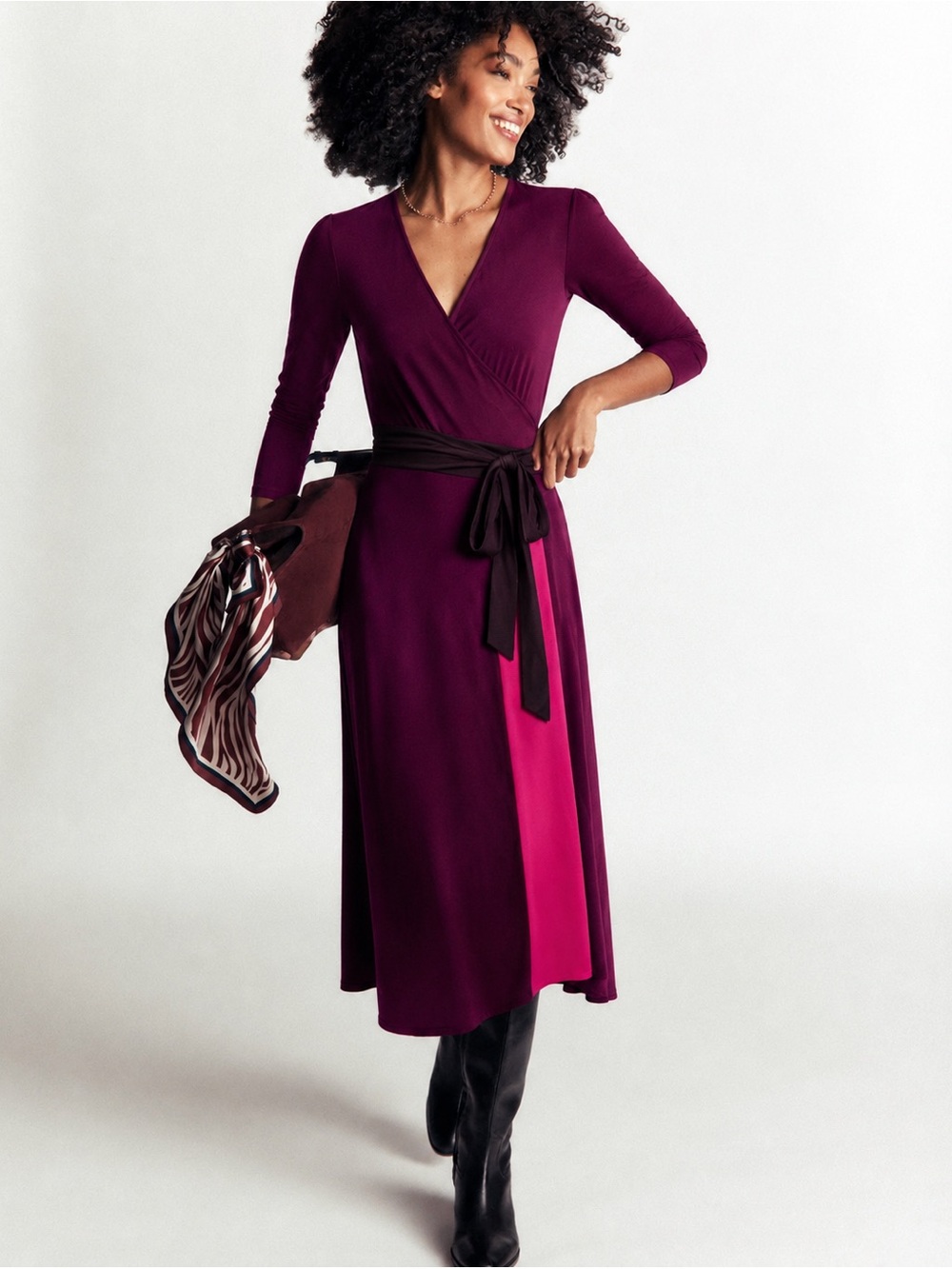 Boden | Two-Tone Laurie Color-block Wrap Midi Dress in Plum and Pink ~ US 12R